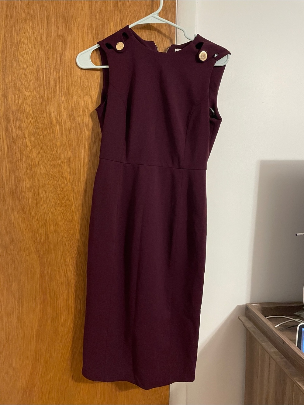 Calvin Klein Burgundy Sleeveless Sheath Dress with Button Detail